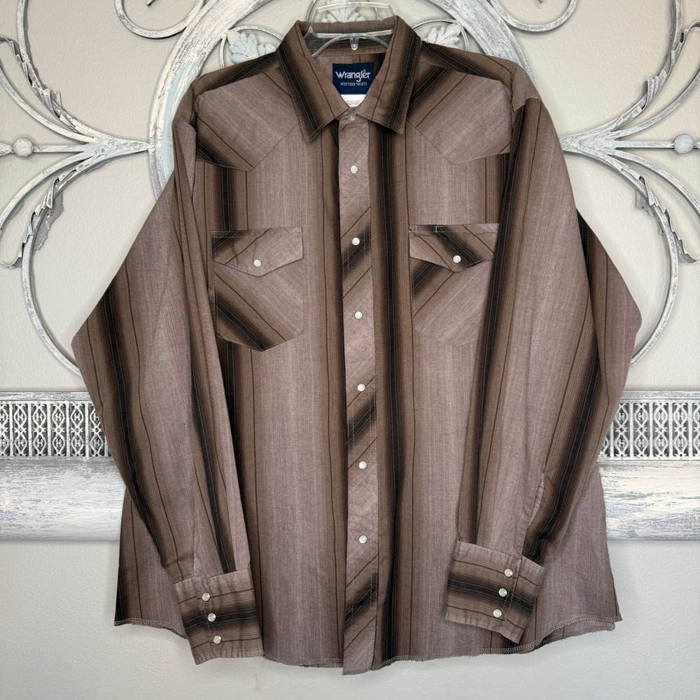 Vintage Wrangler Western Shirts Mens XL Tan Brown Stripe Long Sleeve Button Down